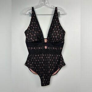 Swimsuits For All Black Lace Plunge One Piece Swimsuit Deep V-Neck Sz 18